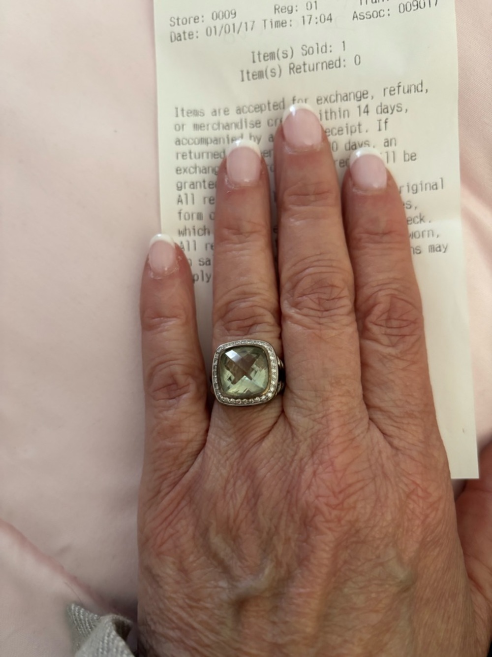 David Yurman Silver Ring with Light Green Cushion Gem and Diamond Halo